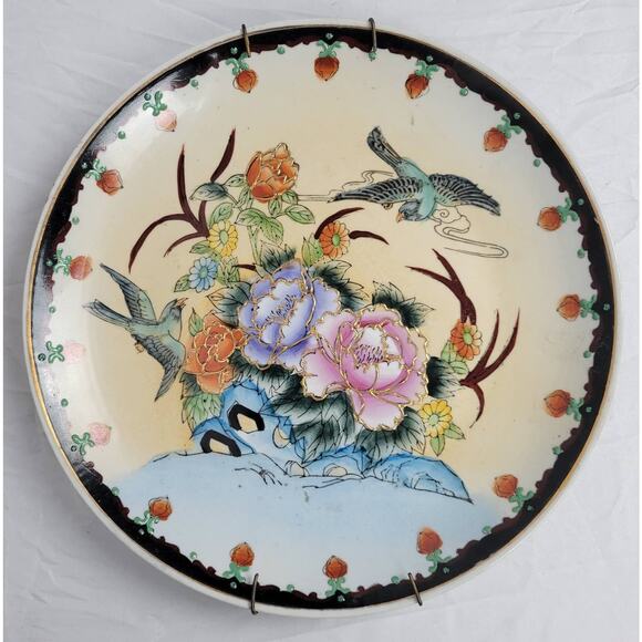 Vintage Chinese Porcelain Plate with Raised Gold Peony Flowers Blue Birds 10" - Picture 1 of 4